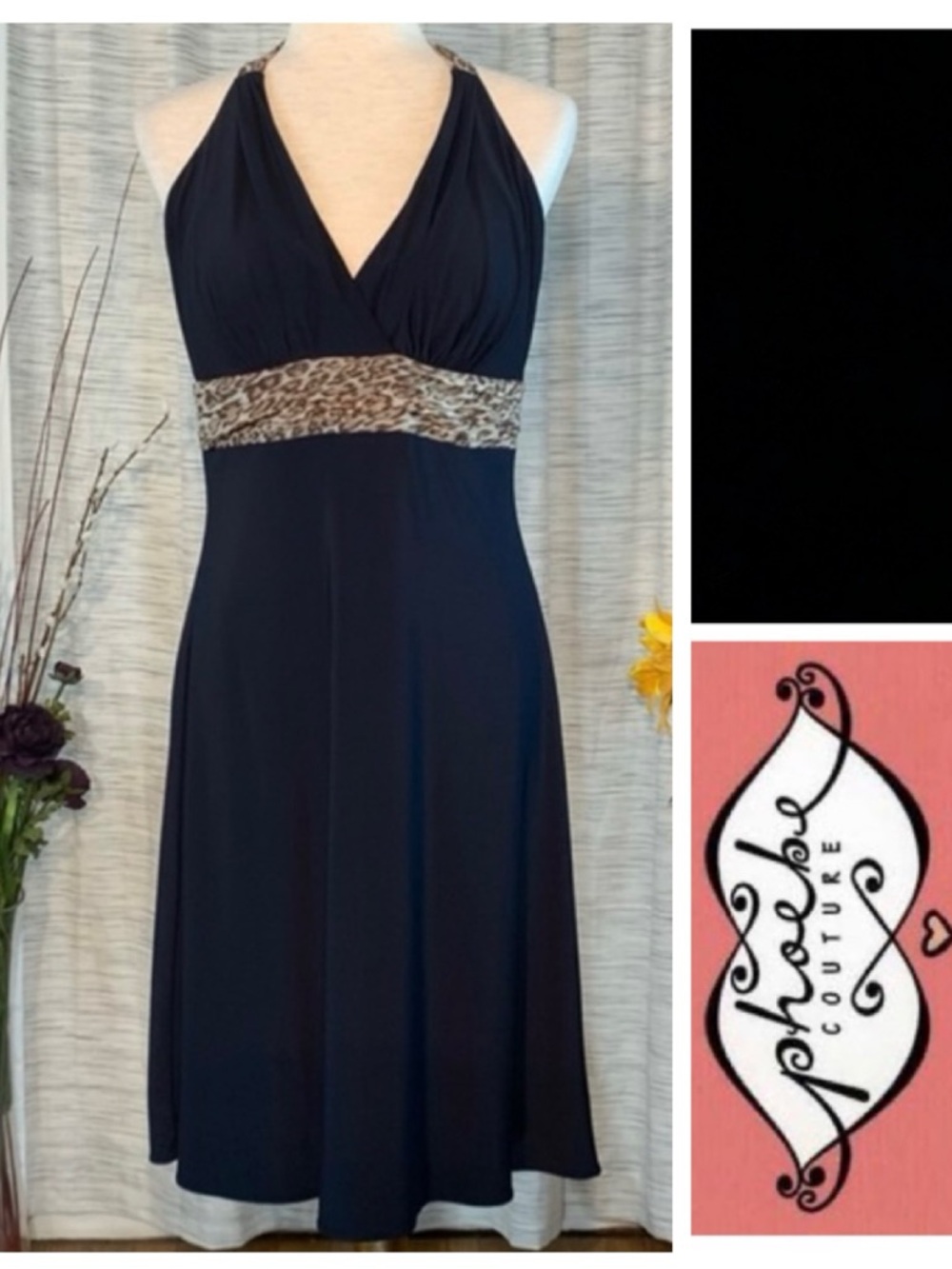 Phoebe Couture black and leopard print halter top A-line dress.